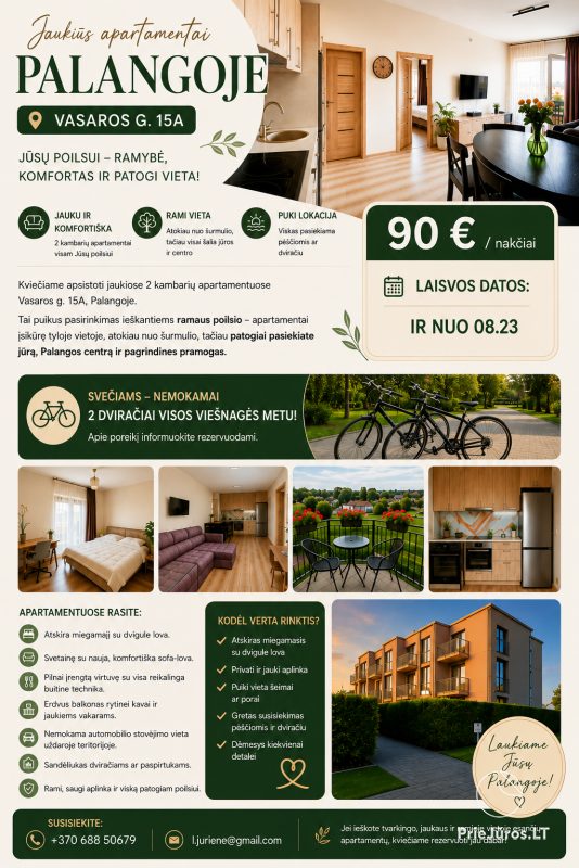Cozy 2-room apartments in Palanga | Free 2 bicycles
