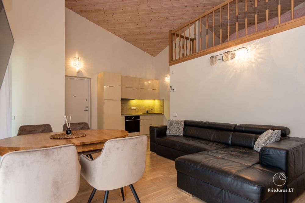 Apartments in Kunigiškiai. Terrace with a view of a pine forest, 200 m from the sea